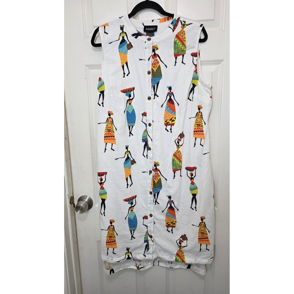 Ashro African Print Dress Women's 16 White Cotton Button Down Tunic Festival
